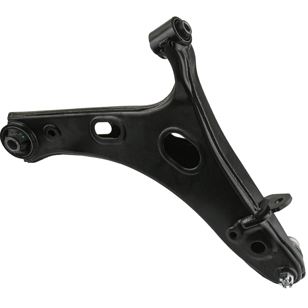 Two MOOG control arms with hardware, shown above a yellow-blue MOOG box labeled "Chassis Parts," automotive suspension components.

