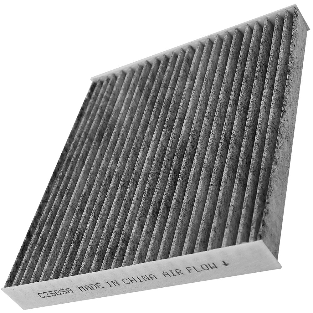 Cabin air filter C25858 with activated carbon pleated media, white frame labeled "MADE IN CHINA AIR FLOW" with directional arrow.

