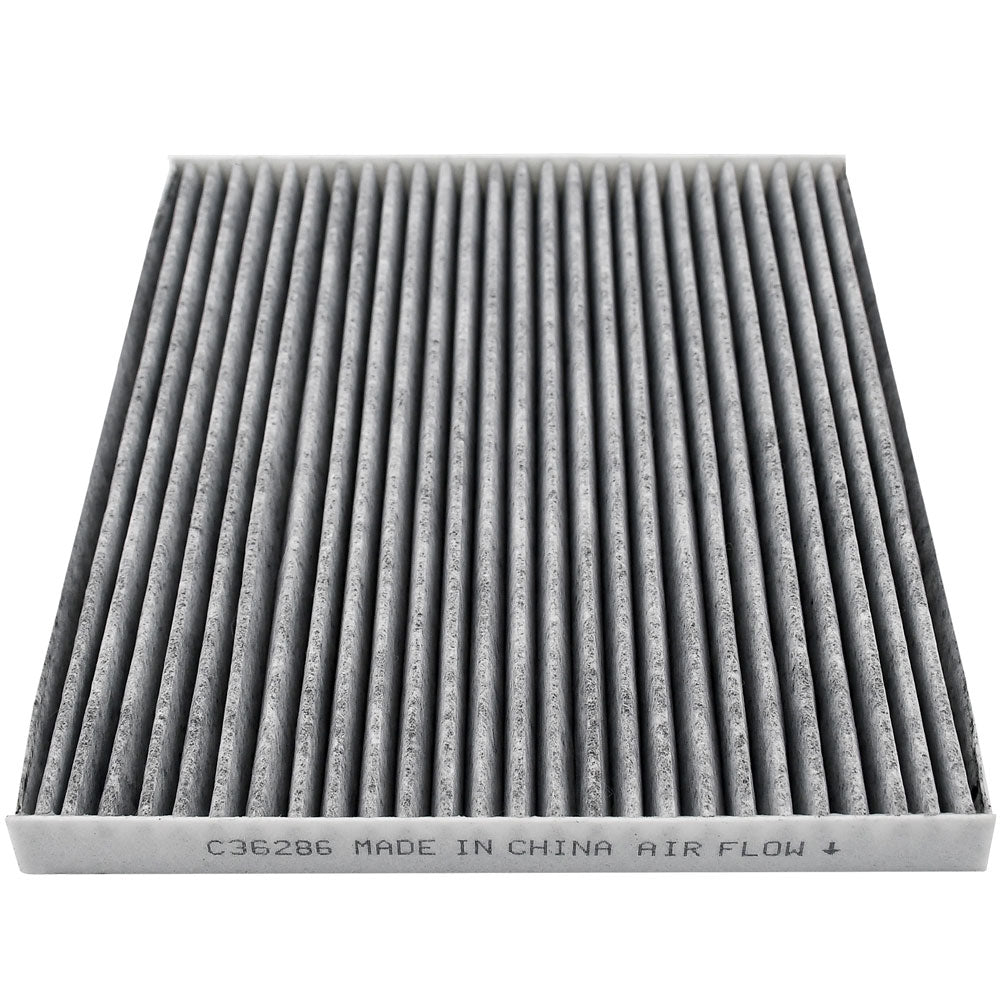Cabin air filter C36286 with activated carbon pleated media, white frame labeled "MADE IN CHINA AIR FLOW" with directional arrow.


