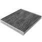 Cabin air filter C25858 with activated carbon pleated media, white frame labeled "MADE IN CHINA AIR FLOW" with directional arrow.

