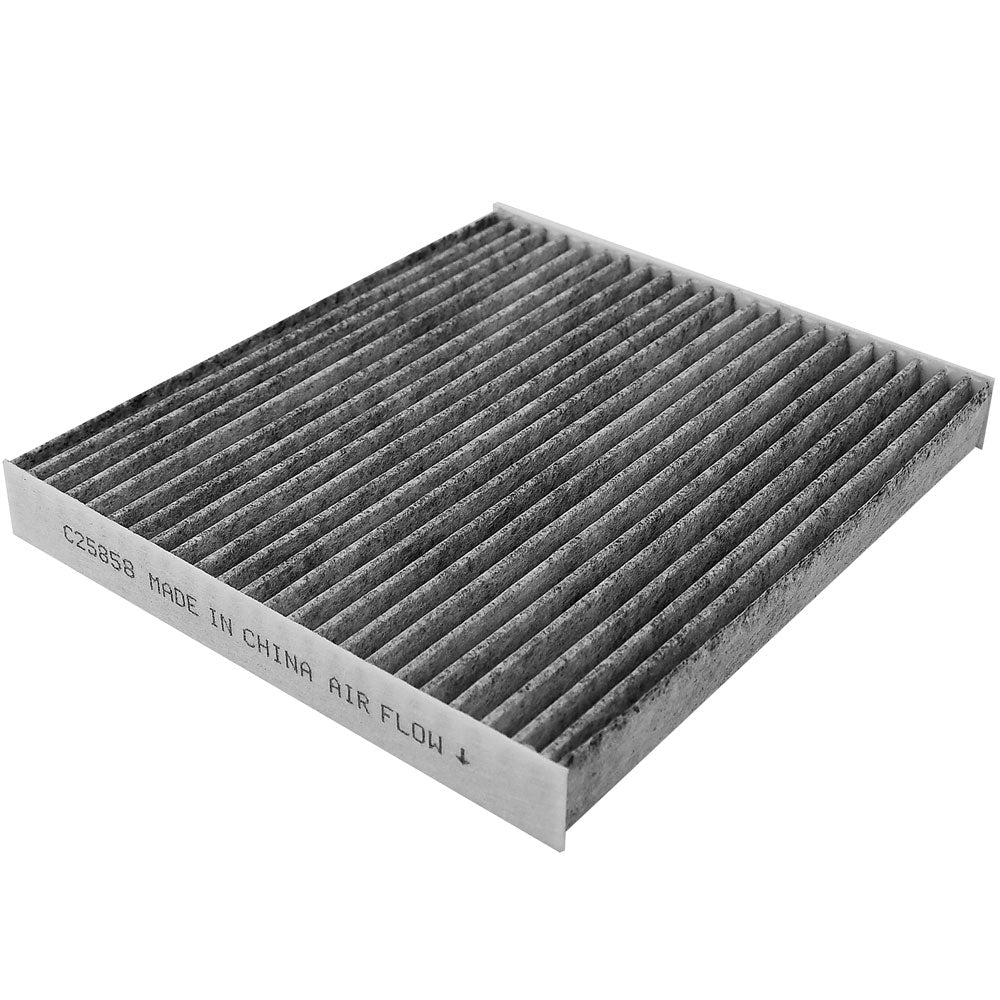 Cabin air filter C25858 with activated carbon pleated media, white frame labeled "MADE IN CHINA AIR FLOW" with directional arrow.


