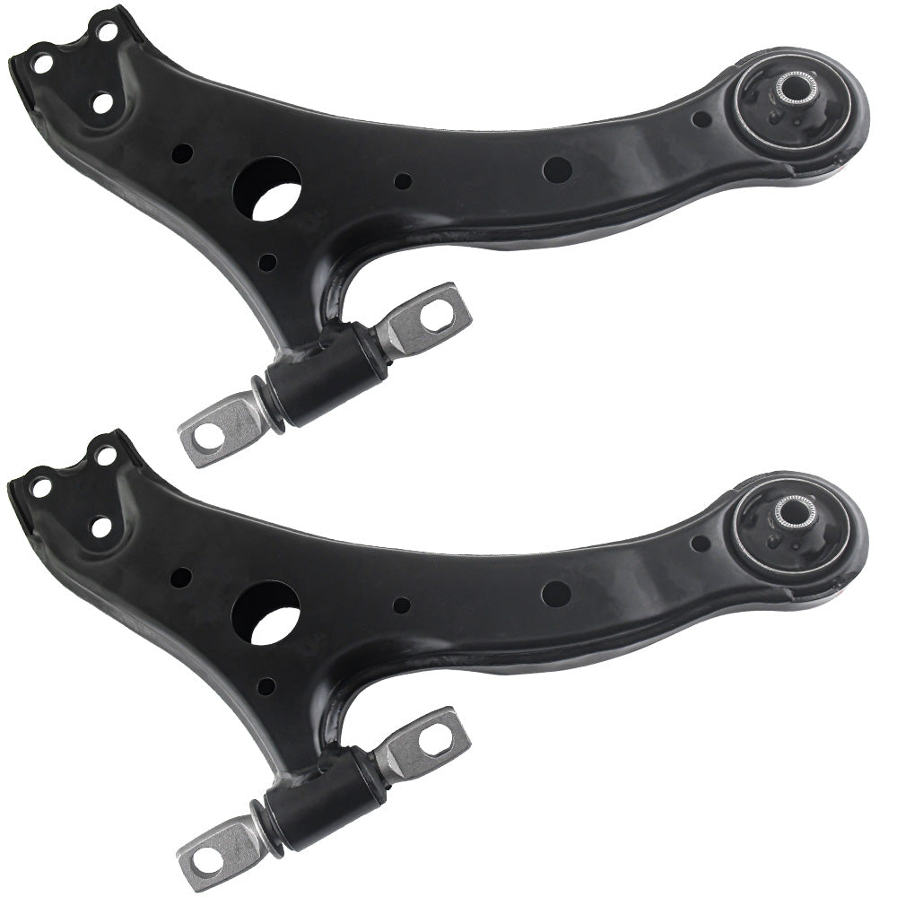 two black front lower control arms with bushings and mounting points.