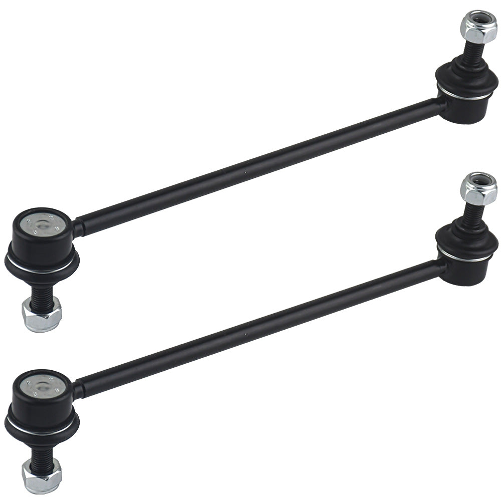  two black stabilizer links with ball joints and mounting hardware.