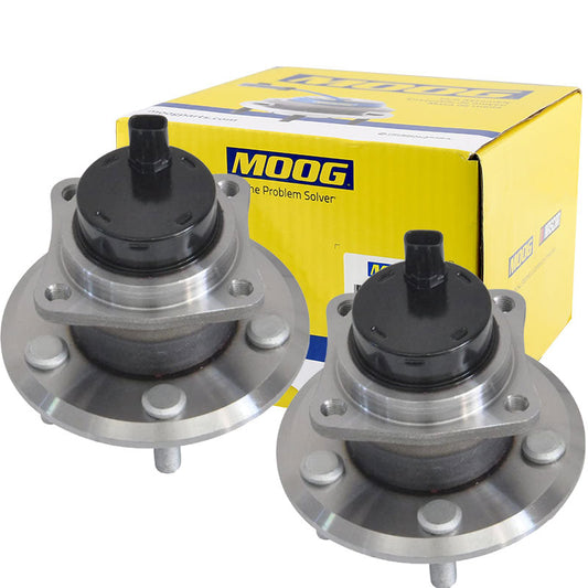 Pair of MOOG wheel hub assemblies with ABS sensors, precise fit, durable, easy installation, yellow MOOG box packaging.

