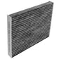 Cabin air filter C25858 with activated carbon pleated media, white frame labeled "MADE IN CHINA AIR FLOW" with directional arrow.

