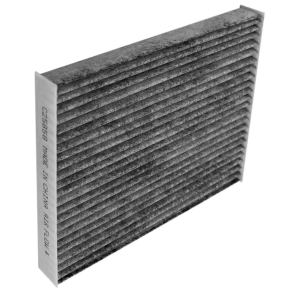 Cabin air filter C25858 with activated carbon pleated media, white frame labeled "MADE IN CHINA AIR FLOW" with directional arrow.

