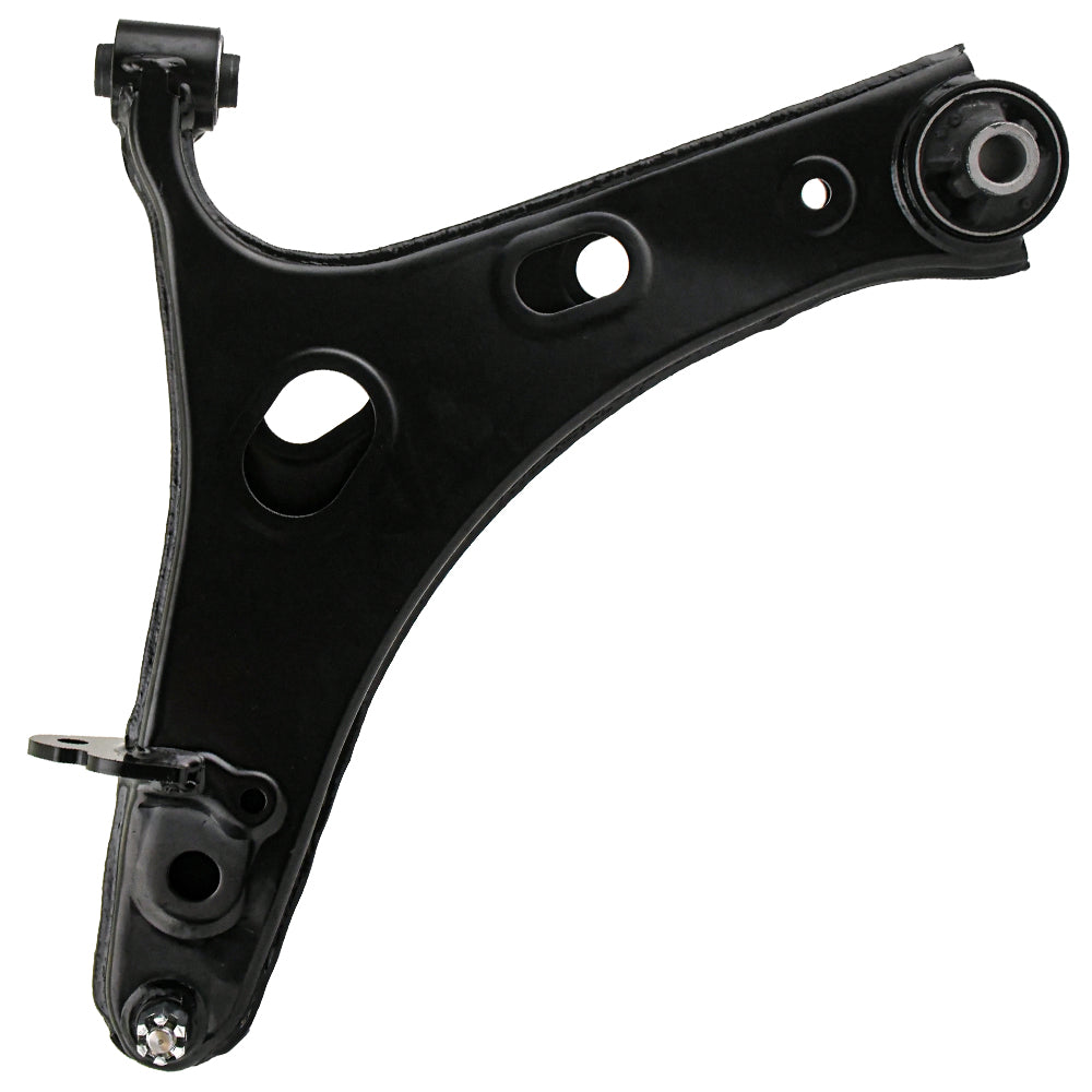 Two MOOG control arms with hardware, shown above a yellow-blue MOOG box labeled "Chassis Parts," automotive suspension components.

