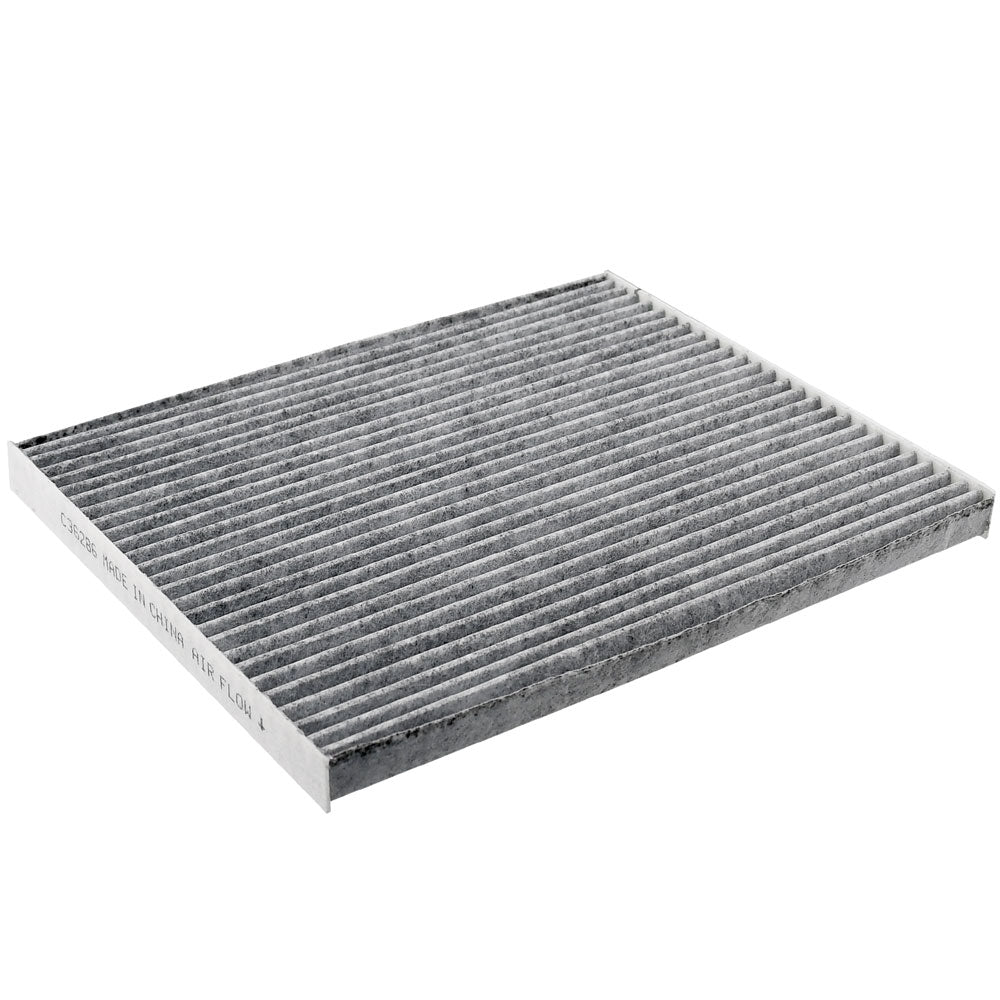 Cabin air filter C36286 with activated carbon pleated media, white frame labeled "MADE IN CHINA AIR FLOW" with directional arrow.

