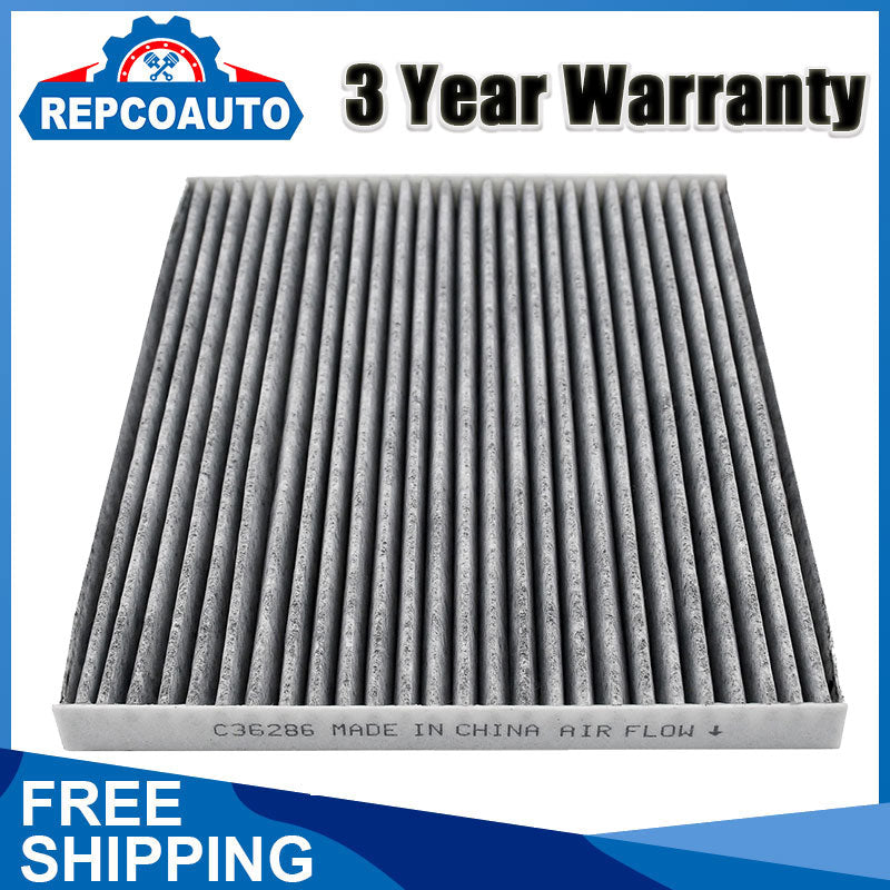 Cabin air filter C36286 with activated carbon pleated media, white frame labeled "MADE IN CHINA AIR FLOW" with directional arrow.

