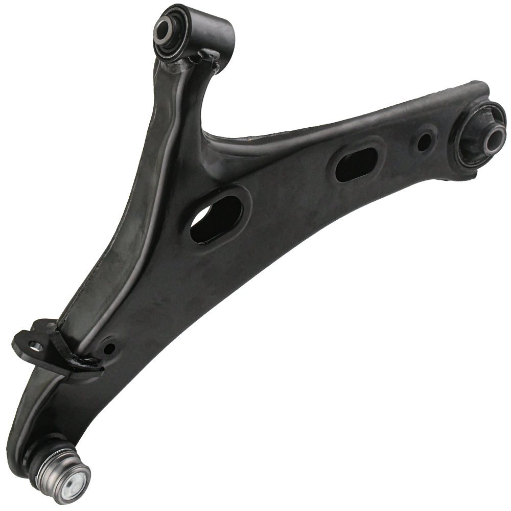 Two MOOG control arms with hardware, shown above a yellow-blue MOOG box labeled "Chassis Parts," automotive suspension components.

