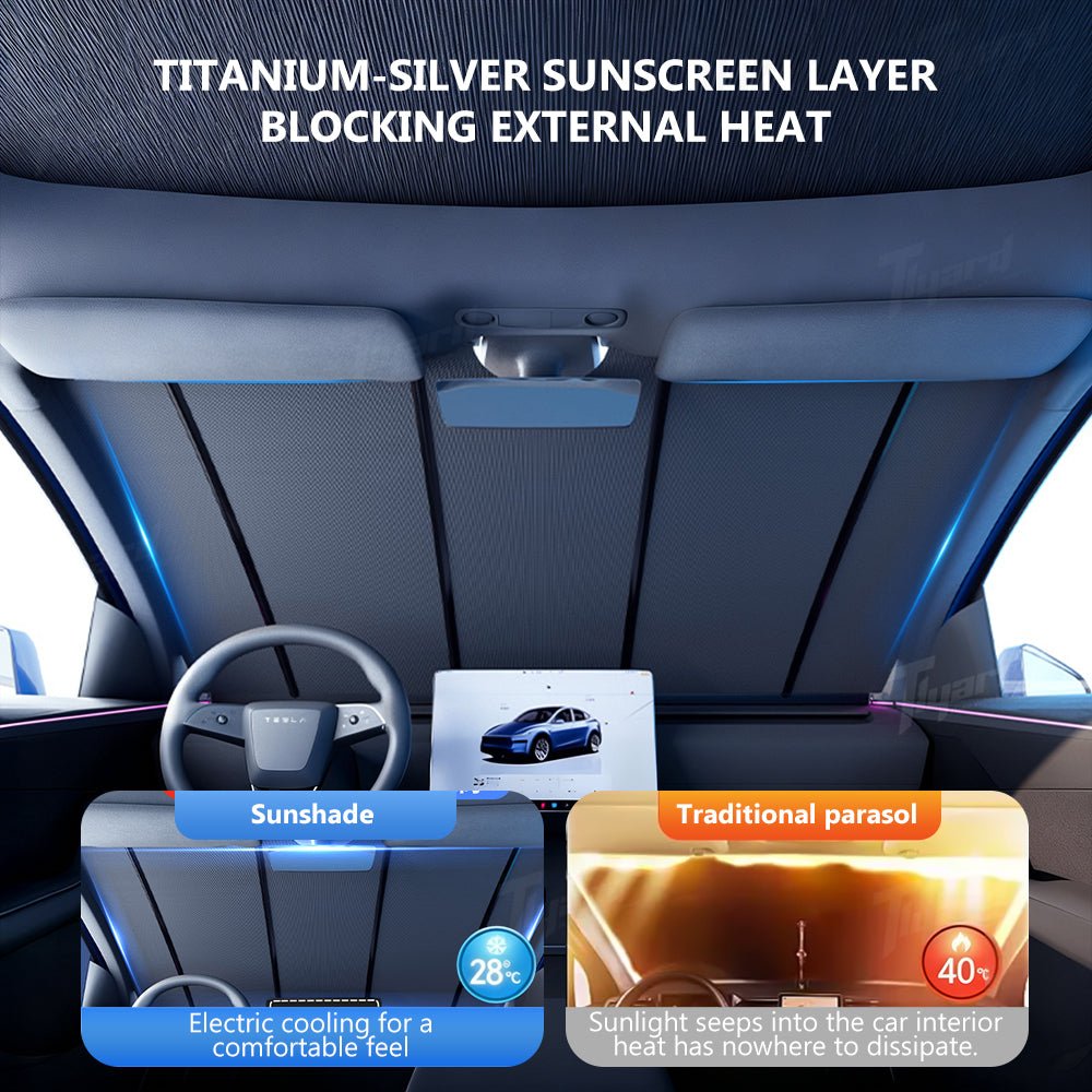 Electric Windshield Sunshade for Model Y/Y Juniper & Model 3/3 Highland Auto - Retractable One - Touch Control Smart Sunshade | Tlyard