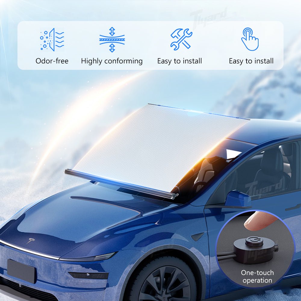 Electric Windshield Sunshade for Model Y/Y Juniper & Model 3/3 Highland Auto - Retractable One - Touch Control Smart Sunshade | Tlyard