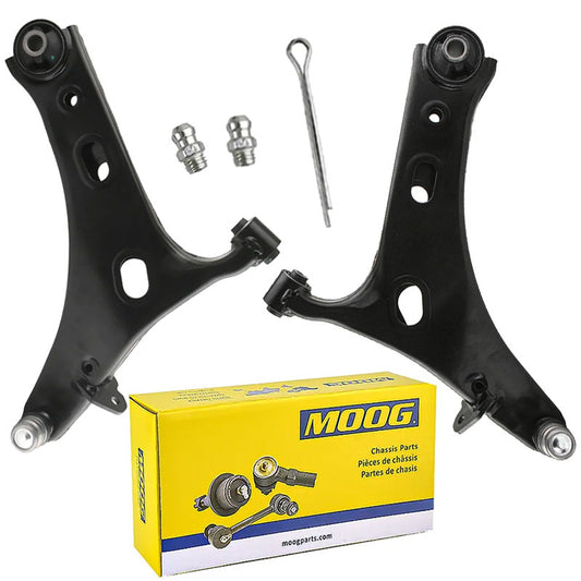 Two MOOG control arms with hardware, shown above a yellow-blue MOOG box labeled "Chassis Parts," automotive suspension components.

