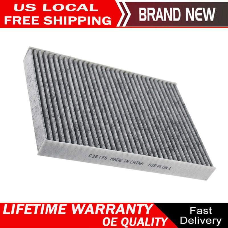 Cabin air filter C26176 with activated carbon pleated media, white frame labeled "MADE IN CHINA AIR FLOW" with directional arrow.

