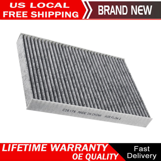 Cabin air filter C26176 with activated carbon pleated media, white frame labeled "MADE IN CHINA AIR FLOW" with directional arrow.

