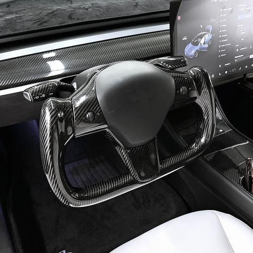 Modified Model 3 & Y Yoke Style Full Real Carbon Fiber Heated Steering Wheel