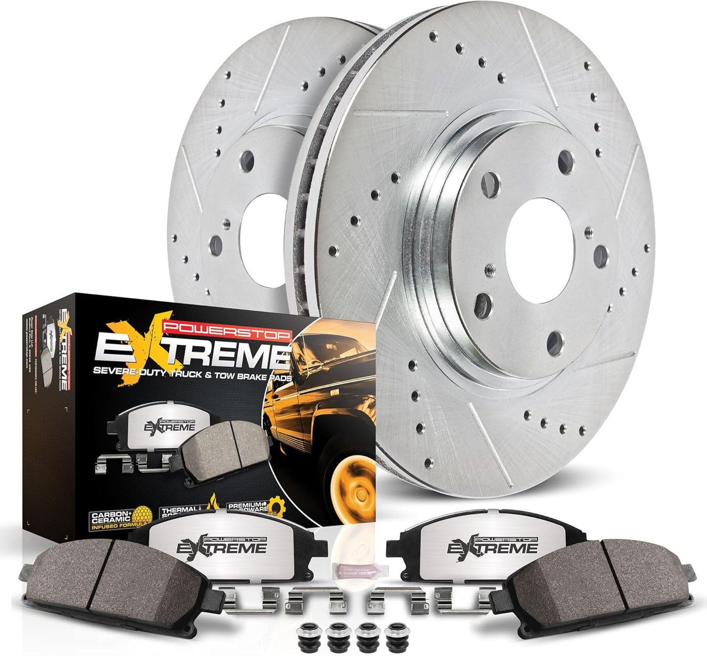 Power Stop Front Brake Kit For 08 - 20 Cadillac Escalade, 07 - 18 Chevy Silverado 1500, 08 - 20 Tahoe, 07 - 18 GMC Sierra 1500, 08 - 20 Yukon - Drilled Slotted Rotors & Ceramic Brake Pads Replacement, K2069 - 36