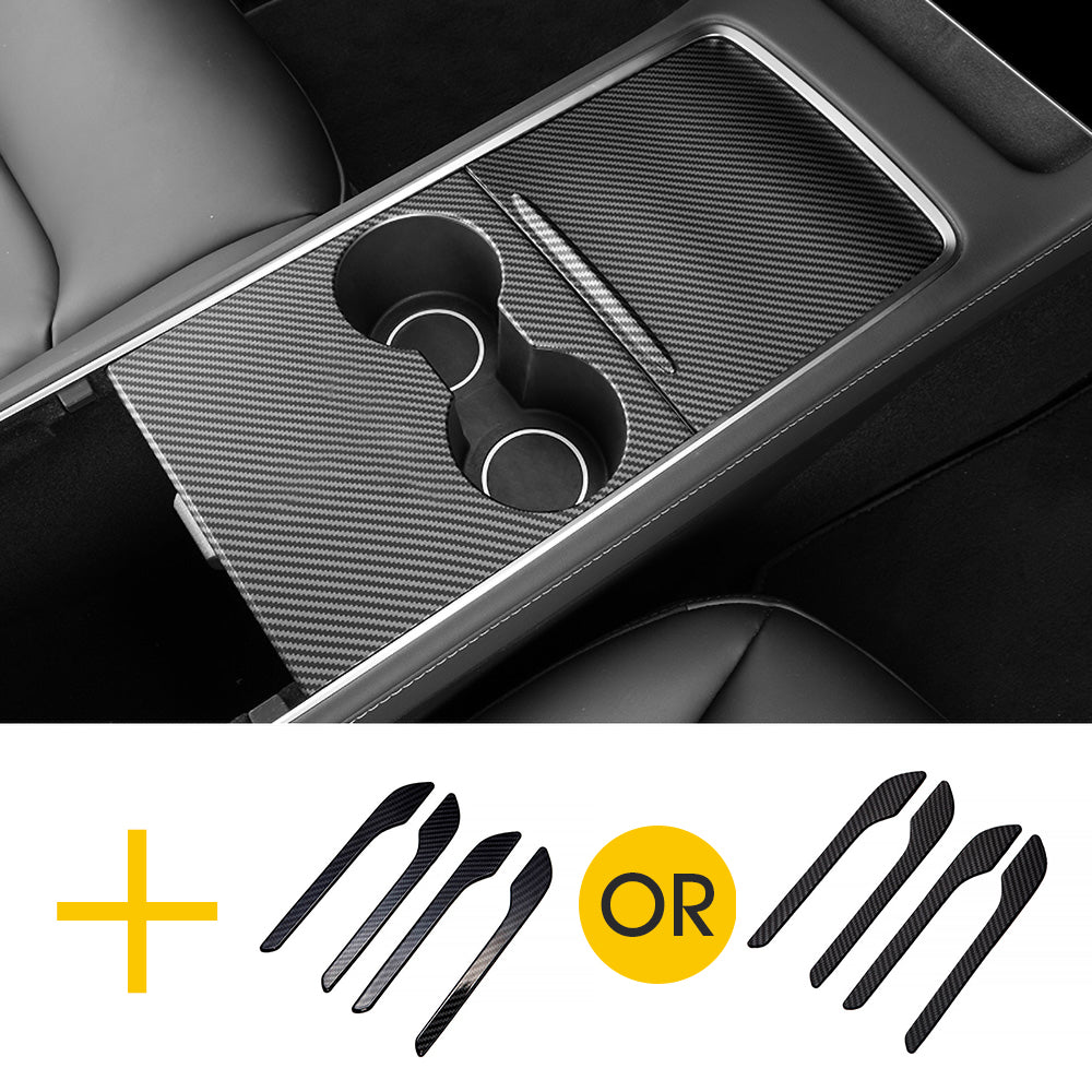 Real Carbon Fiber Center Console Cover + Door Handles For Model 3 & Y