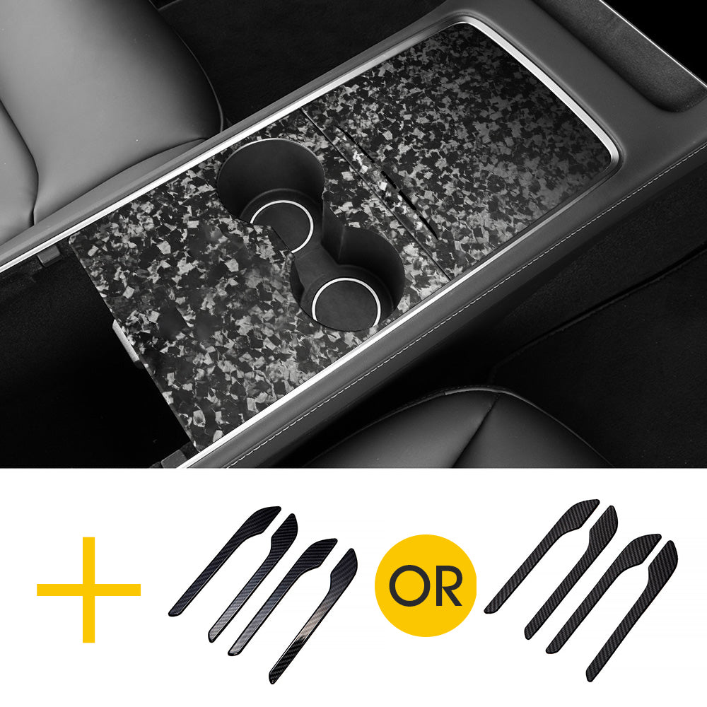 Real Carbon Fiber Center Console Cover + Door Handles For Model 3 & Y