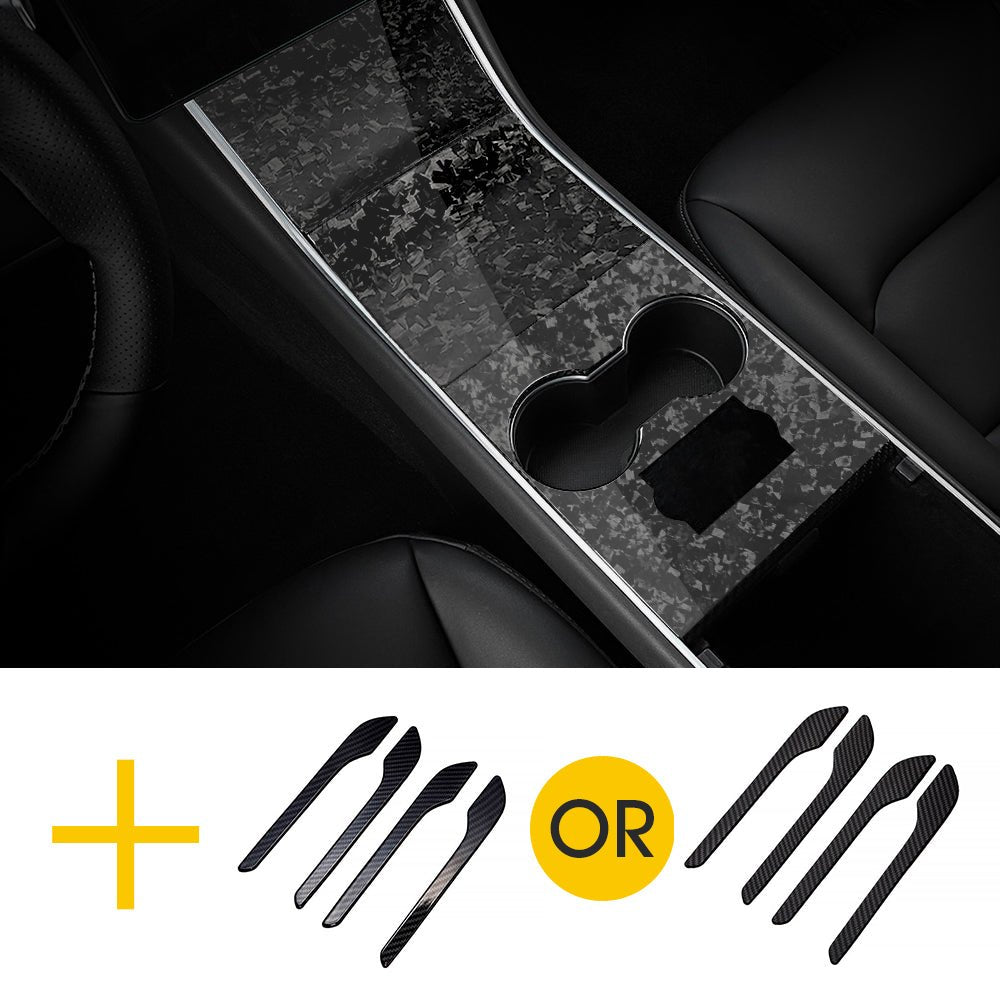 Real Carbon Fiber Center Console Cover + Door Handles For Model 3 & Y