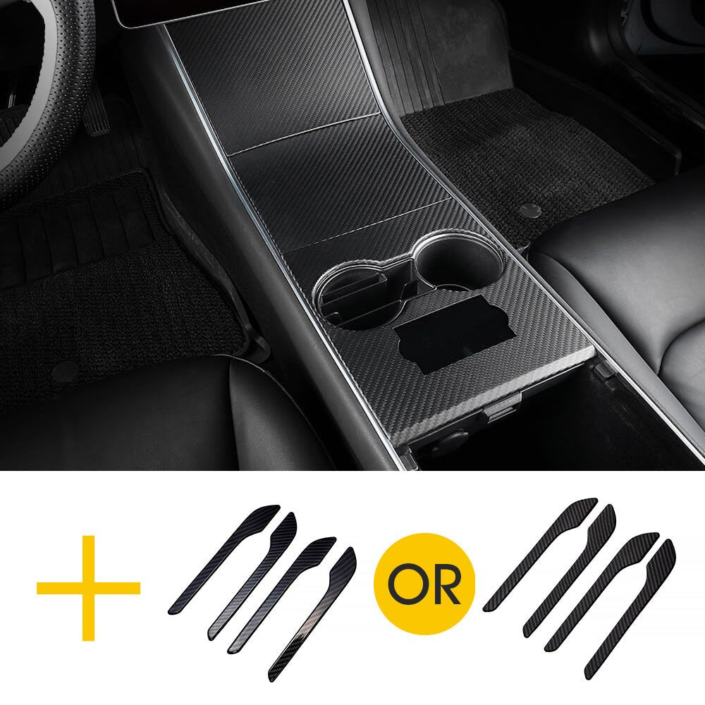 Real Carbon Fiber Center Console Cover + Door Handles For Model 3 & Y