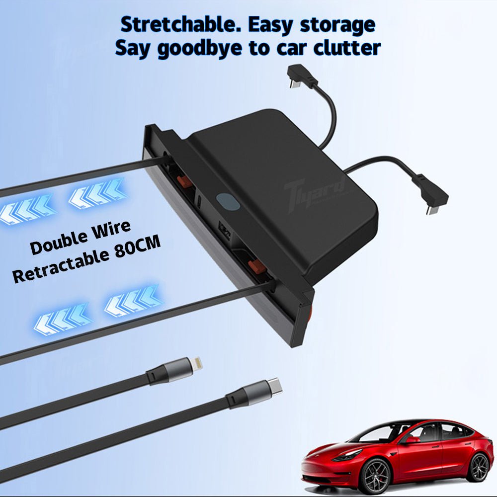 Tesla Model 3/Y USB Hub with Retractable Fast Charging Cable Center Console Dock with Ambient LED Lighting & Storage Illumination | Tlyard