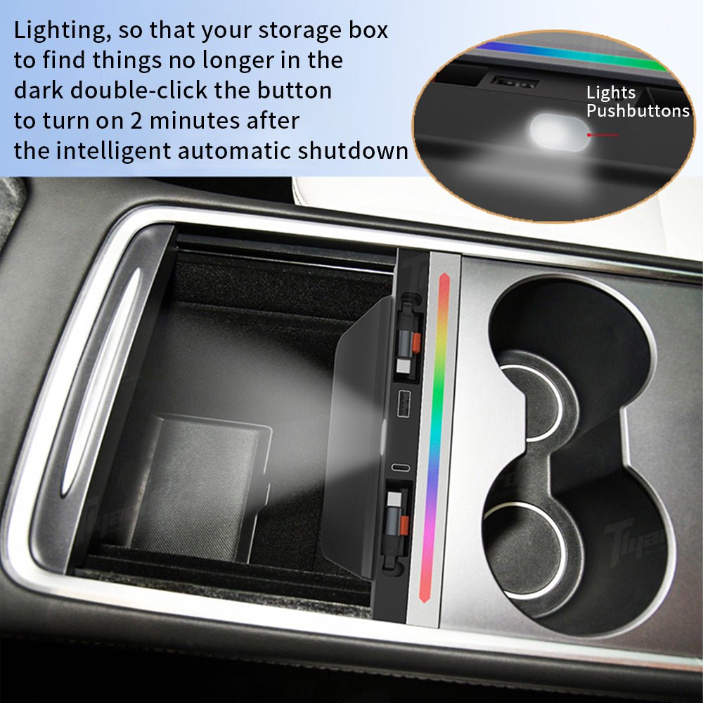 Tesla Model 3/Y USB Hub with Retractable Fast Charging Cable Center Console Dock with Ambient LED Lighting & Storage Illumination | Tlyard