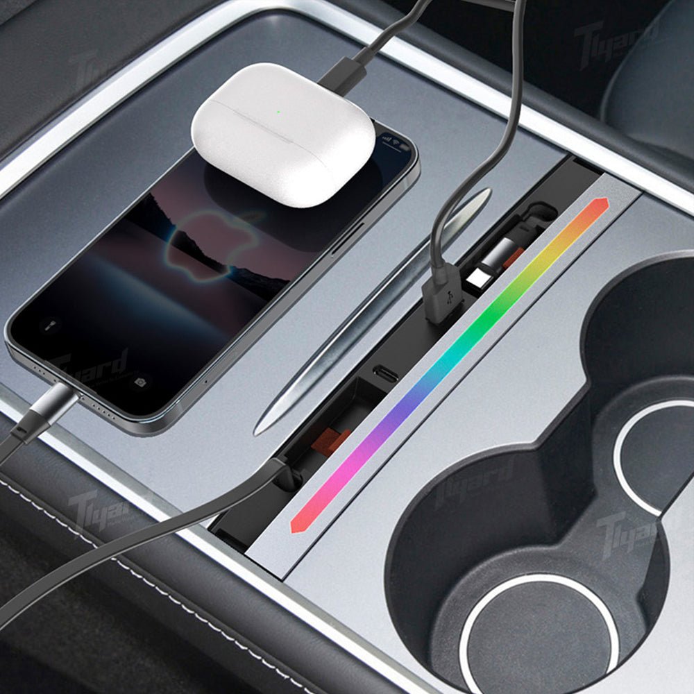 Tesla Model 3/Y USB Hub with Retractable Fast Charging Cable Center Console Dock with Ambient LED Lighting & Storage Illumination | Tlyard