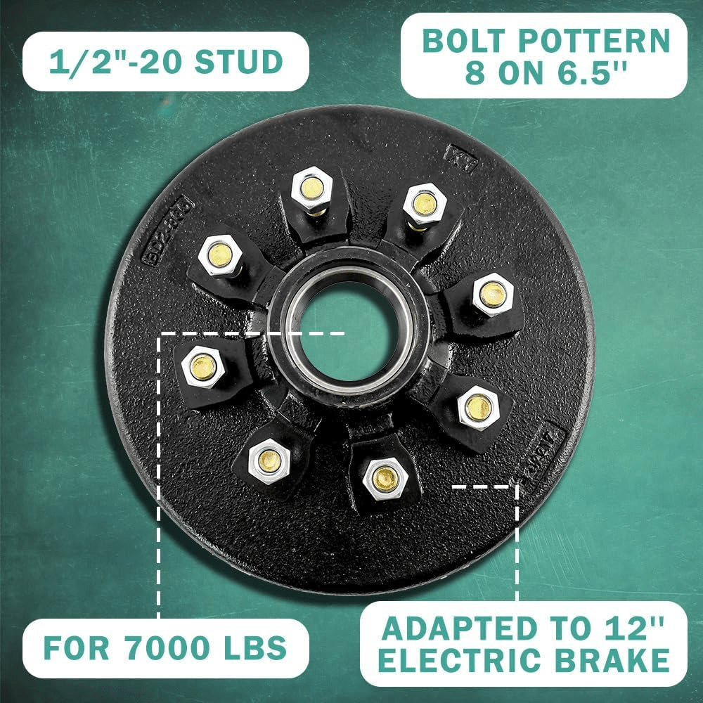 Trailer Brake Drum 12"x2" Heavy Duty 8 on 6.5" Bolt Circle for 7000 lbs Axle Trailer Brake Hub 008-219-04, 22004k