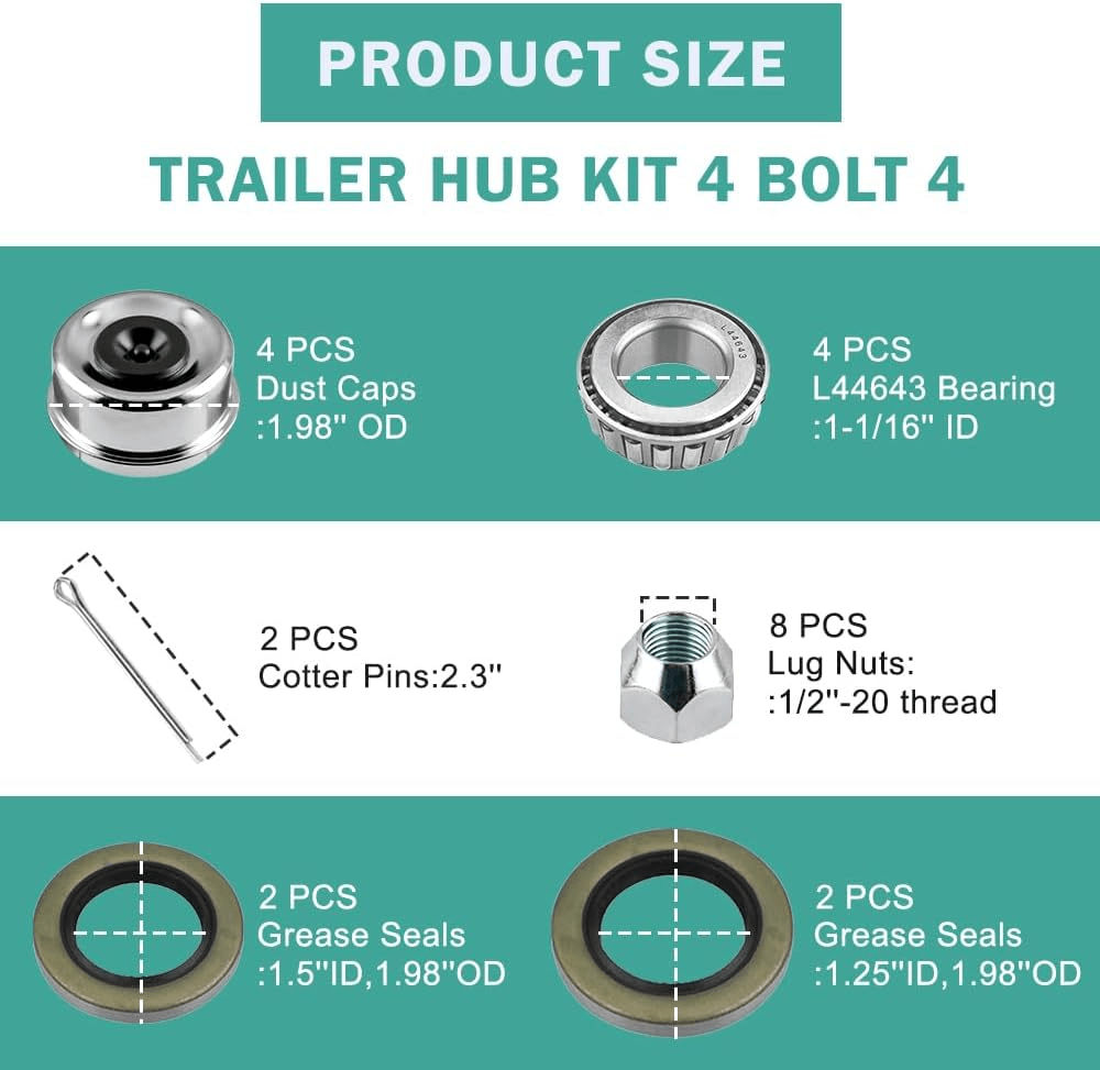 Trailer Idler Hub Kits 4 on 4" Trailer Hub 4 Lug for 2000 lbs Tralier Axle，ONLY for 2000lbs Trailer Hub Assembly