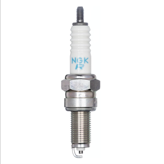 NGK R spark plug with white ceramic insulator, threaded metal shell, and ground electrode for automotive ignition systems.

