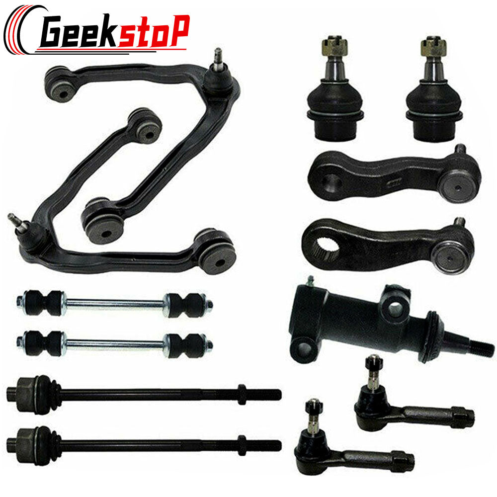 Geekstop front suspension kit featuring control arms, ball joints, sway bar links, and steering components, compatible with 2002-2006 Cadillac Escalade and 1999-2007 Chevy/GMC models.
