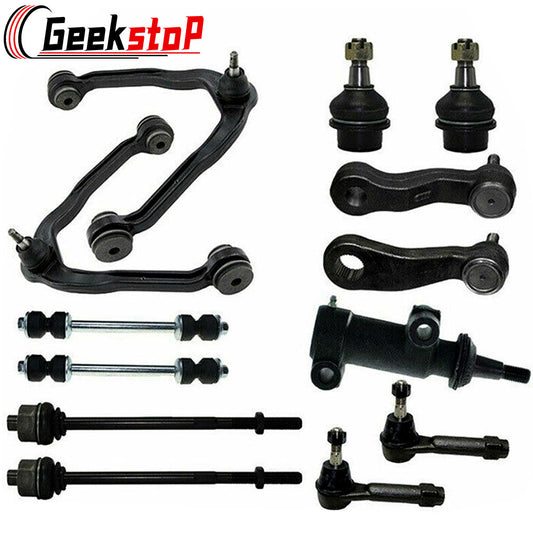 Geekstop front suspension kit featuring control arms, ball joints, sway bar links, and steering components, compatible with 2002-2006 Cadillac Escalade and 1999-2007 Chevy/GMC models.