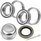 Trailer wheel bearing kit: two sets of tapered roller bearings, grease cap, rubber seal, and cotter pin. Silver bearings, black seal, and metal cap visible.