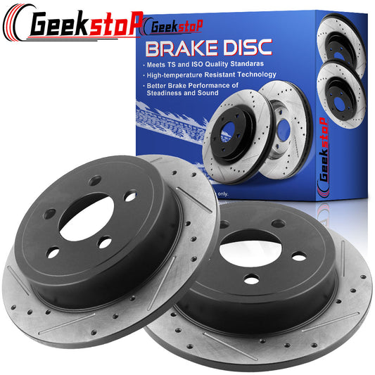 GEEKSTOP Drilled & Slotted Rear Brake Rotors fits for Replacement for Replacement For Jeep Wrangler 2003 - 2006, Jeep Liberty 2003 - 2007 - 285mm Solid Rear Brake Discs - 53010 Black Coated
