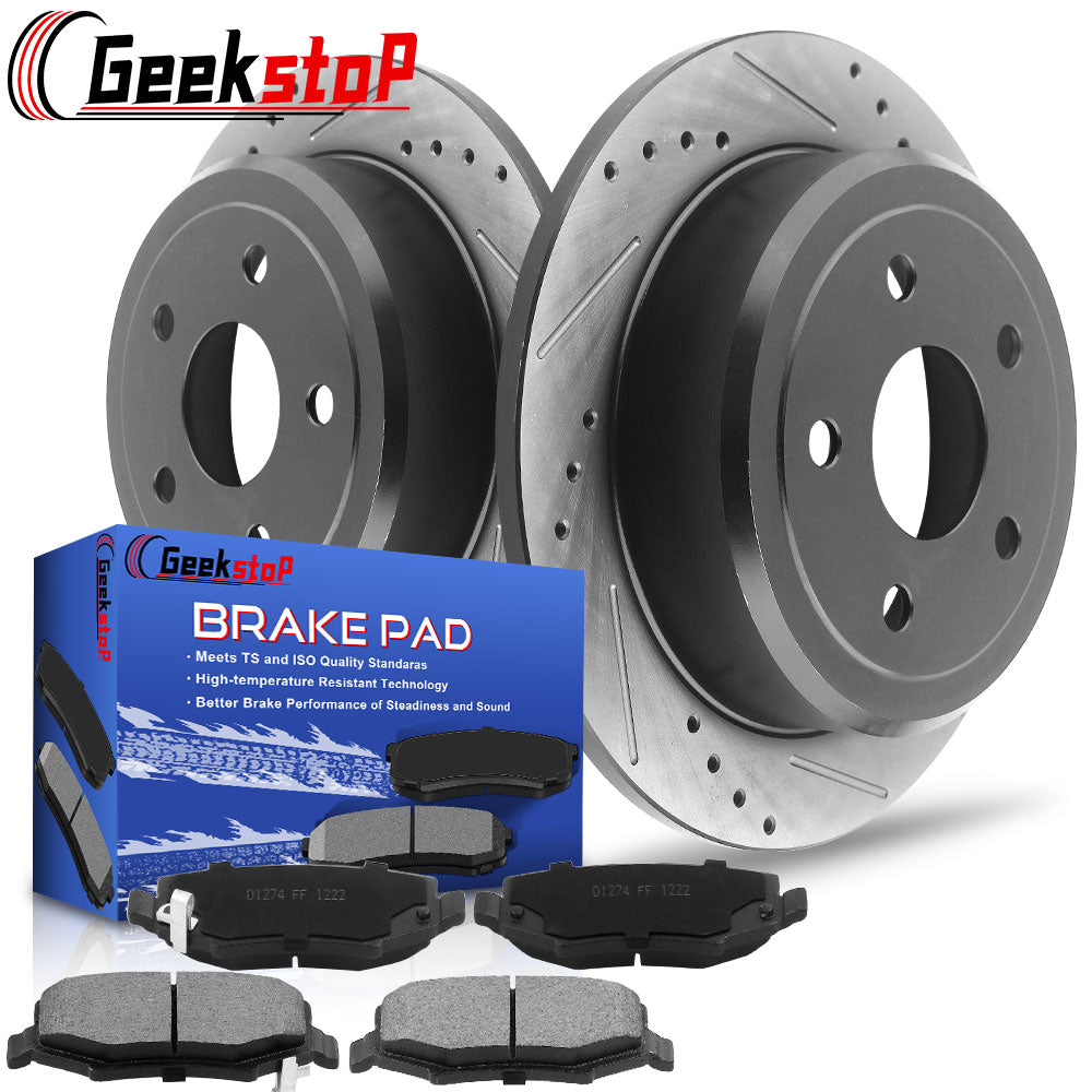 Jeep Wrangler JK REAR Drilled Slotted Brake Rotors Ceramic Brake Pads