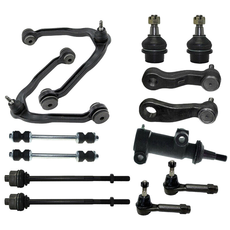 Geekstop front suspension kit featuring control arms, ball joints, sway bar links, and steering components, compatible with 2002-2006 Cadillac Escalade and 1999-2007 Chevy/GMC models.