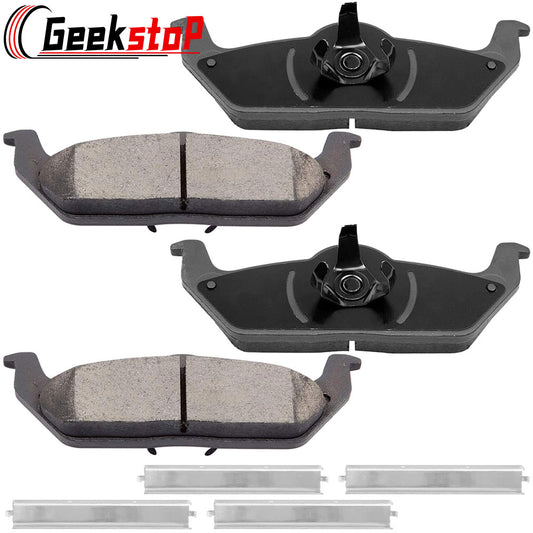 Geekstop ceramic rear brake pads kit for 2004-2012 Ford F-150 and 2006-2008 Lincoln Mark LT, featuring multiple brake pads and installation components for enhanced braking performance, durability, and quiet operation.